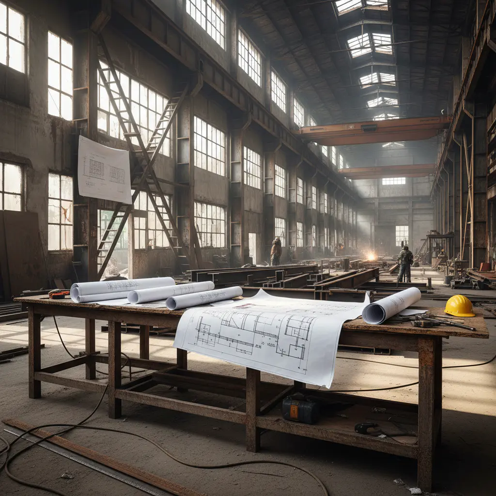 Engineering blueprints and steel structures