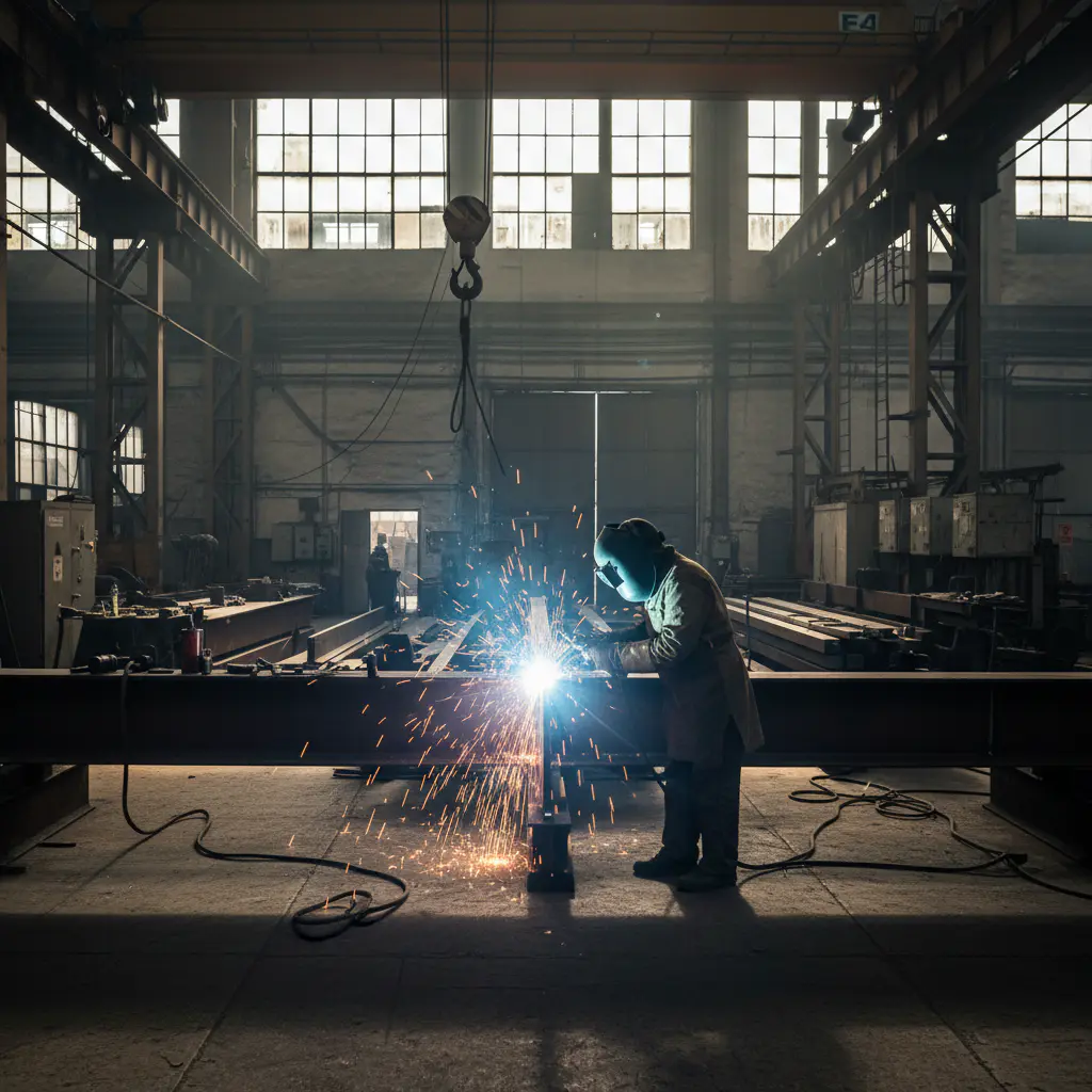 Welding steel beams in factory